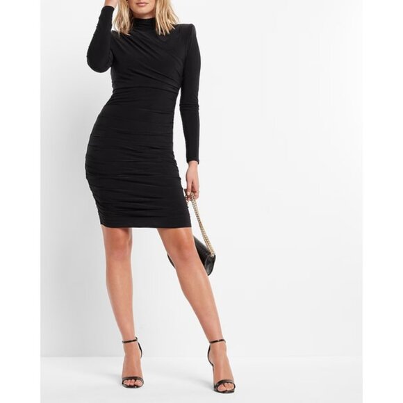 Express Ruched Mock Neck Strong Shoulder Back Cutout Mini Dress XS - Picture 4 of 5